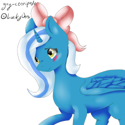 Size: 3500x3500 | Tagged: safe, artist:luckyonni, derpibooru import, oc, oc only, oc:fleurbelle, alicorn, pony, alicorn oc, blushing, bow, commission, hair bow, simple background, solo, transparent background