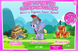 Size: 797x525 | Tagged: safe, derpibooru import, iron eagle, pegasus, pony, advertisement, costs real money, female, gameloft, lucky coin, mare, official, royal legion, solo, statue