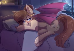Size: 4000x2750 | Tagged: safe, artist:ardail, oc, oc only, oc:mocha latte, bat pony, pony, bat ponified, bed, bedroom, blushing, butt, candle, cutie mark, dock, ear fluff, fangs, female, frog (hoof), licking, licking lips, lidded eyes, light, looking at you, mare, moon, on bed, plot, race swap, solo, tongue out, underhoof