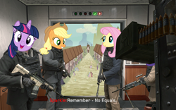Size: 500x312 | Tagged: artist needed, safe, derpibooru import, applejack, fluttershy, rarity, twilight sparkle, earth pony, human, pegasus, pony, unicorn, call of duty, call of duty: modern warfare 2, dialogue, elevator, equine, female, gun, hat, horn, humanized, meme, no russian, smiling, town, weapon, wings