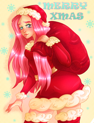 Size: 1900x2500 | Tagged: safe, artist:uselessfeles, fluttershy, human, christmas, clothes, costume, female, hat, holiday, humanized, santa costume, santa hat, solo