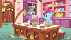Size: 1280x720 | Tagged: safe, screencap, cup cake, spike, dragon, earth pony, pony, the big mac question, apple, claws, cupcake, female, flying, food, kitchen, male, mare, messy kitchen, pie, toes, winged spike