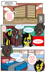 Size: 2369x3830 | Tagged: safe, artist:takaneko13, derpibooru import, oc, oc:cyser, oc:zedwin, earth pony, pony, comic:sleep over, clothes, comic, cywin, dialogue, female, hotel, hotel room, male, mare, stallion, towel