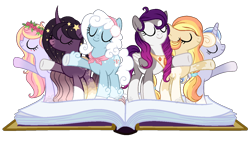 Size: 1372x802 | Tagged: safe, artist:aledera, derpibooru import, oc, oc only, oc:dainty daffodil, oc:dazzle glow, oc:first snow, oc:minty treats, oc:nebula, oc:rosely, earth pony, pegasus, pony, unicorn, base used, book, female, flawless, mare