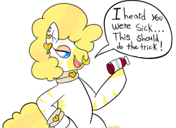 Size: 1697x1237 | Tagged: safe, artist:grodiechan, oc, oc:golden heart, zebra, albino, medicine, robitussin, tussin