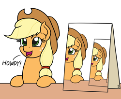 Size: 1100x900 | Tagged: safe, artist:mkogwheel edits, edit, applejack, earth pony, pony, applejack's sign, cute, dawwww, droste effect, female, howdy, jackabetes, leaning, looking up, mare, meme, open mouth, parody, recursion, sign, silly, silly pony, simple background, smiling, solo, table, weapons-grade cute, white background, who's a silly pony