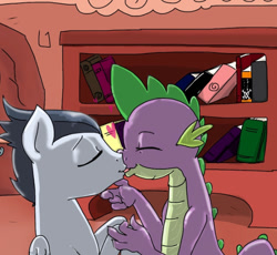 Size: 567x522 | Tagged: safe, artist:kill joy, edit, rumble, spike, dragon, book, bookshelf, cropped, fanfic art, gay, golden oaks library, interspecies, kissing, male, older, rumblespike, shipping