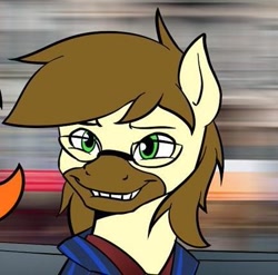 Size: 429x423 | Tagged: artist needed, source needed, safe, oc, oc only, earth pony, pony, bust, clothes, cropped, earth pony oc, glasses, grin, male, smiling, stallion