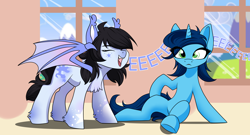 Size: 3862x2083 | Tagged: safe, artist:kxttponies, derpibooru import, oc, oc:mitzy, oc:sweet cakes, bat pony, pony, unicorn, bat pony oc, cute, eeee, eyes closed, simple background