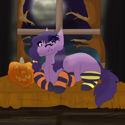 Size: 1848x1840 | Tagged: safe, artist:orchidcrystal, oc, oc only, earth pony, clothes, halloween, holiday, jack-o-lantern, moon, pumpkin, socks, solo, striped socks, tree, window