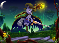 Size: 6300x4550 | Tagged: safe, artist:darksly, limestone pie, earth pony, pony, absurd resolution, commission, crescent moon, fantasy, female, levitation, magic, magical girl, moon, night, reward, scenery, scepter, solo, stars, sword, telekinesis, weapon