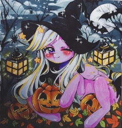 Size: 1711x1789 | Tagged: safe, artist:manekoart, derpibooru import, oc, oc only, oc:yoko, pegasus, pony, female, full moon, hat, lamp, leaves, mare, moon, night, one eye closed, pumpkin, traditional art, wink, witch hat, ych result