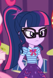 Size: 425x630 | Tagged: safe, derpibooru import, screencap, sci-twi, twilight sparkle, better together, equestria girls, rollercoaster of friendship, arm behind back, clothes, cropped, geode of telekinesis, glasses, ponytail, solo