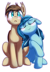 Size: 758x1080 | Tagged: safe, artist:acersiii, derpibooru import, oc, oc only, oc:acette, oc:hartenas, bat pony, pony, unicorn, blushing, duo, eyes closed, female, male, mare, oc x oc, shipping, simple background, stallion, transparent background