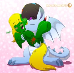 Size: 2200x2150 | Tagged: safe, artist:aarondrawsarts, oc, oc:moonwolf, oc:rdash, dragon, pegasus, blushing, bridal carry, butt, butt touch, carrying, commission, hand on butt, interspecies, kissing, oc x oc, plot, shipping