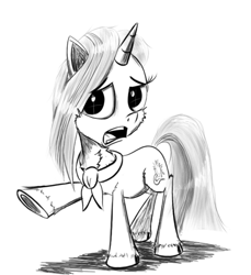 Size: 1250x1363 | Tagged: safe, artist:chopsticks, clear sky, pony, unicorn, common ground, cheek fluff, chest fluff, ear fluff, female, handkerchief, hoof fluff, mare, monochrome, open mouth, sketch, solo