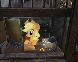 Size: 901x719 | Tagged: artist needed, safe, derpibooru exclusive, edit, applejack, earth pony, pony, applestare, bits, crossover, female, merchant, ponies in video games, s.t.a.l.k.e.r., sidorovich, solo