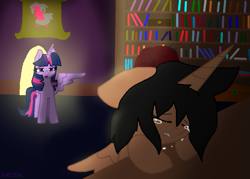 Size: 931x666 | Tagged: safe, artist:xgalacticxstudios18x, twilight sparkle, twilight sparkle (alicorn), oc, alicorn, pony, alicorn oc, bookshelf, sad