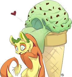 Size: 960x1029 | Tagged: safe, artist:kez, derpibooru import, oc, oc only, oc:non toxic, monster pony, original species, tatzlpony, food, ice cream, licking, not salmon, role reversal, simple background, the tables have turned, tongue out, transparent background, wat