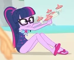 Size: 2100x1700 | Tagged: safe, derpibooru import, screencap, sci-twi, twilight sparkle, better together, equestria girls, forgotten friendship, clothes, drone, feet, flip-flops, glasses, legs, ponytail, sandals, schrödinger's pantsu, selfie drone, sleeveless, solo, swimsuit