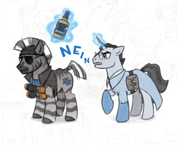 Size: 1261x1041 | Tagged: safe, artist:kessavel-art, pony, unicorn, zebra, alcohol, demoman, medic, nein, ponified, team fortress 2, whiskey