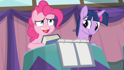 Size: 1366x768 | Tagged: safe, derpibooru import, screencap, pinkie pie, twilight sparkle, twilight sparkle (alicorn), alicorn, earth pony, pony, a trivial pursuit, book, frazzled, notepad, table