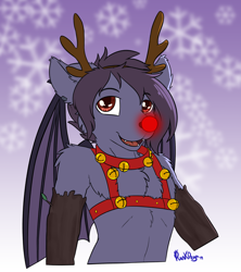 Size: 2400x2700 | Tagged: safe, artist:punk-pegasus, oc, oc only, oc:nyn indigo, anthro, bat pony, hybrid, timber wolf, animal costume, bell, bell collar, bells, christmas, collar, costume, glowing nose, harness, holiday, male, reindeer costume, snow, solo, tack