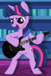 Size: 641x955 | Tagged: safe, artist:estories, artist:grapefruitface1, artist:therockinstallion, twilight sparkle, pony, unicorn, base used, bipedal, cute, electric guitar, guitar, library, musical instrument, solo, standing, twiabetes