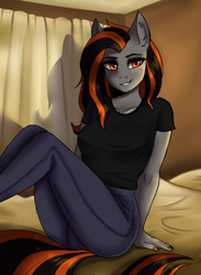 Size: 1900x2600 | Tagged: safe, artist:serodart, derpibooru import, oc, oc only, anthro, anthro oc, bed, bedroom eyes, clothes, curtains, ear fluff, female, high res, jeans, looking at you, mare, nail polish, pants, shirt, sitting, solo