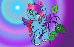 Size: 3000x1920 | Tagged: safe, artist:dawn-designs-art, derpibooru import, oc, oc:plume, peacock, pegasus, pony, blue coat, colored wings, female, mare, multicolored hair, multicolored wings, peacock feathers, peacock pony, red mane, solo, white hooves