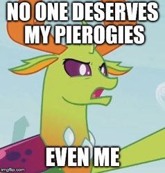 Size: 357x375 | Tagged: safe, derpibooru import, edit, edited screencap, screencap, thorax, changedling, changeling, triple threat, angry, antlers, caption, cropped, forced meme, image macro, imgflip, king thorax, meme, pierogi, text