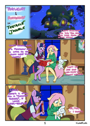 Size: 3114x4354 | Tagged: safe, artist:kumakum, fluttershy, twilight sparkle, anthro, unguligrade anthro, comic:tentacle trouble, book, clothes, comic, dialogue, fluttershy's cottage, necktie, reading, sitting, skirt, summoning, sweater, sweatershy, vest