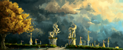 Size: 2660x1080 | Tagged: safe, artist:plainoasis, pony, autumn, background pony, canterlot, cloud, digital painting, park, scenery, scenery porn, sky, statue, tree