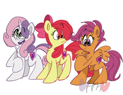 Size: 800x620 | Tagged: safe, artist:mirabuncupcakes15, apple bloom, scootaloo, sweetie belle, earth pony, pegasus, pony, unicorn, chest fluff, female, mare, older, older apple bloom, older cmc, older scootaloo, older sweetie belle, open mouth, raised hoof, simple background, white background