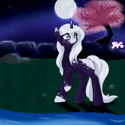 Size: 2000x2000 | Tagged: safe, artist:pastel-pony-princess, derpibooru import, oc, pony, unicorn, colored hooves, female, full moon, grass, looking up, mare, moon, night, night sky, river, rock, sky, solo, starry night, stream