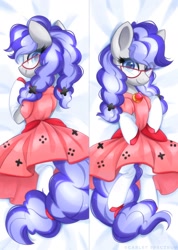 Size: 1280x1800 | Tagged: safe, artist:scarlet-spectrum, oc, oc only, oc:cinnabyte, earth pony, pony, body pillow, body pillow design, clothes, cute, dress, female, glasses, looking at you, lying down, mare, ocbetes, solo