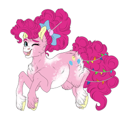 Size: 2561x2411 | Tagged: safe, artist:loladotz, pinkie pie, earth pony, pony, the last problem, bow, cheek fluff, chest fluff, cutie mark, ear fluff, female, hair bow, older, older pinkie pie, one eye closed, open mouth, simple background, smiling, solo, transparent background, unshorn fetlocks, wink