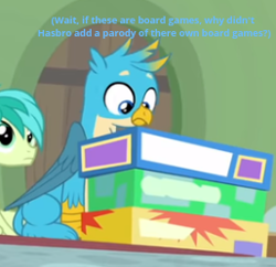 Size: 257x249 | Tagged: safe, edit, edited screencap, screencap, gallus, sandbar, earth pony, griffon, pony, teacher of the month (episode), spoiler:interseason shorts, board game, boxes, caption, closed wing, cropped, duo, hasbro gaming, looking down, meme, sitting, talking to himself, thinking
