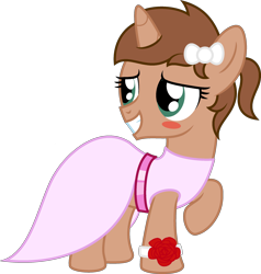 Size: 2253x2371 | Tagged: safe, artist:peternators, oc, oc only, pony, alternate hairstyle, blushing, clothes, colt, crossdressing, dress, fake eyelashes, male, prom dress, ribbon, simple background, smiling, solo, transparent background, trap