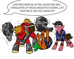 Size: 997x790 | Tagged: safe, artist:wisdom-thumbs, big macintosh, oc, armor, cutie mark, eyes closed, gears of war, grin, male, on back, saddle bag, simple background, smiling, speech bubble, stallion, white background