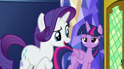 Size: 1920x1080 | Tagged: safe, screencap, rarity, twilight sparkle, twilight sparkle (alicorn), alicorn, pony, unicorn, the last laugh, female, looking at each other, mare, open mouth, raised eyebrow, smiling