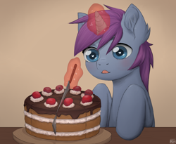 Size: 3900x3200 | Tagged: source needed, useless source url, safe, artist:richie, oc, oc only, oc:mobian, pony, unicorn, :p, blushing, cake, commission, cute, ear fluff, food, high res, knife, magic, portal (valve), silly, simple background, solo, table, telekinesis, the cake is a lie, tongue out, ych result