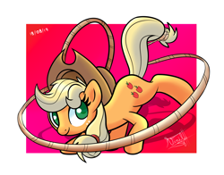 Size: 4875x3830 | Tagged: safe, artist:burnflameheart, derpibooru import, applejack, earth pony, pony, abstract background, lasso tricks, signature, smiling, solo