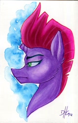 Size: 1387x2180 | Tagged: safe, artist:invalid-david, derpibooru import, tempest shadow, bust, female, simple background, solo, traditional art, watercolor painting