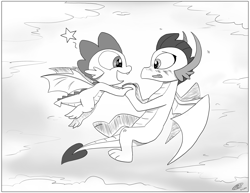 Size: 3300x2550 | Tagged: safe, artist:loreto-arts, smolder, spike, dragon, blushing, female, flying, male, monochrome, shipping, spolder, straight, winged spike