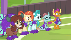 Size: 1920x1080 | Tagged: safe, screencap, lighthoof, ocellus, shimmy shake, smolder, yona, changedling, changeling, dragon, earth pony, pony, yak, 2 4 6 greaaat, cheerleader outfit, clothes, cloven hooves, dragoness, female, mare, monkey swings, pom pom