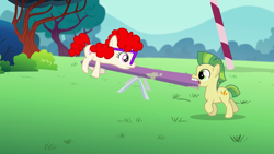 Size: 1440x810 | Tagged: safe, derpibooru import, screencap, carrot crunch, twist, earth pony, pony, crusaders of the lost mark, colt, duo, eye contact, female, filly, frown, looking at each other, male, mouth hold, nom, seesaw, stronk, super strength, walking, wide eyes