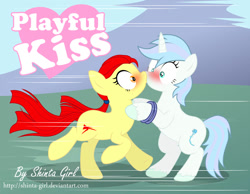 Size: 1280x992 | Tagged: safe, artist:shinta-girl, derpibooru import, oc, oc only, oc:frozen rose, oc:taekwon magic, pony, accidental kiss, base used, couple, female, kissing, lesbian, oc x oc, playful, shipping, vector