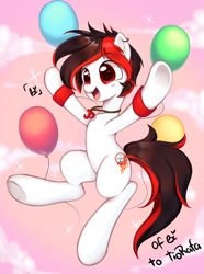 Size: 1280x1718 | Tagged: safe, artist:hibikiarts, oc, oc:tiorafa, earth pony, pony, balloon, cloud, collar, happy, sky