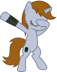 Size: 813x1024 | Tagged: safe, artist:uigsyvigvusy, artist:wissle, derpibooru import, oc, oc only, oc:littlepip, pony, unicorn, fallout equestria, bipedal, covering eyes, cute, cutie mark, dab, eyes closed, facehoof, fanfic, fanfic art, female, hooves, horn, mare, ocbetes, pipabetes, pipbuck, simple background, smiling, solo, trace, transparent background, vector